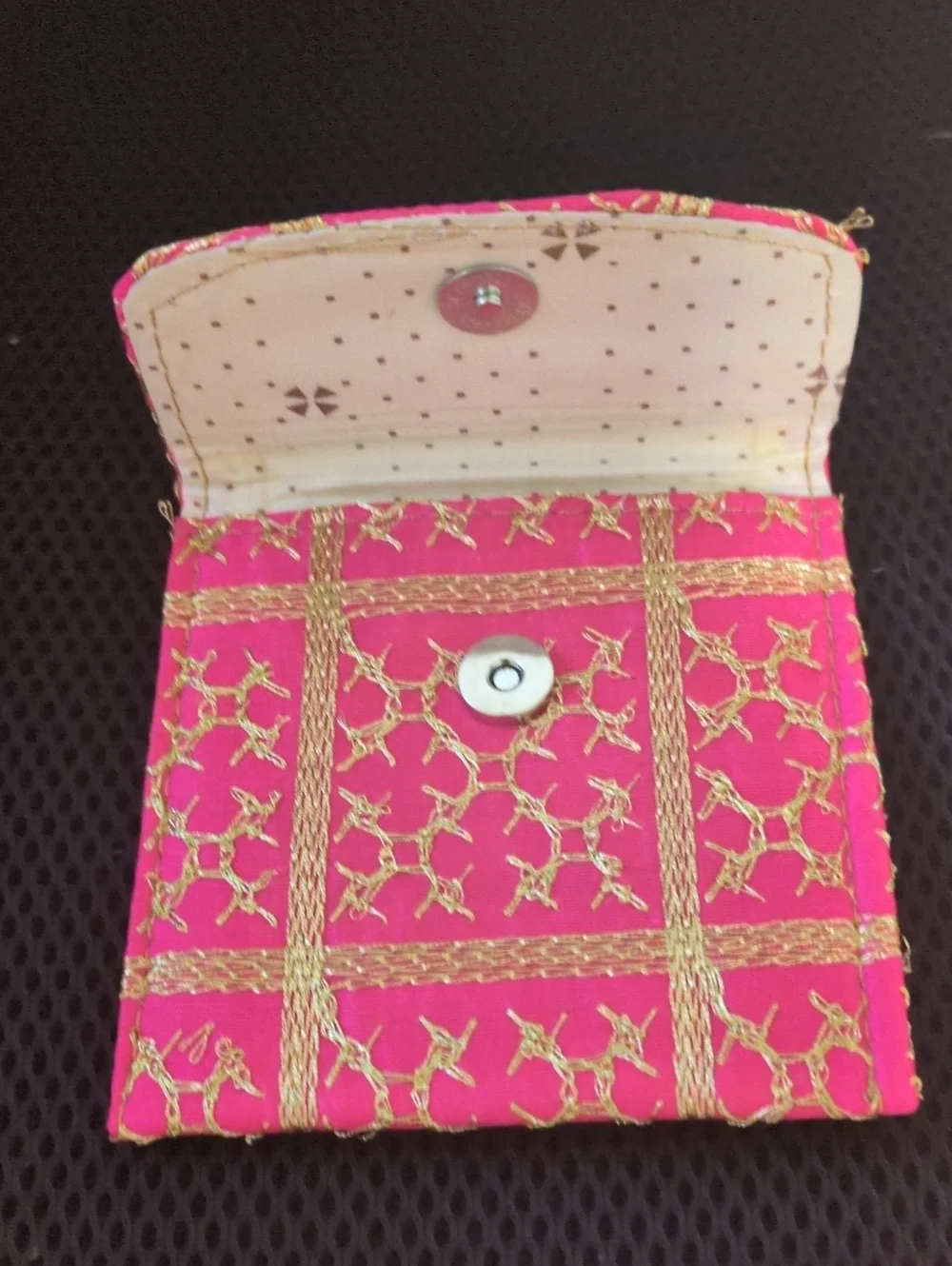 Pink Fabric Pouch with Traditional Gold Embroidered Pattern
